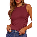 Women's Sleeveless Ribbed Vest Slim-fit Pleated Solid Crew