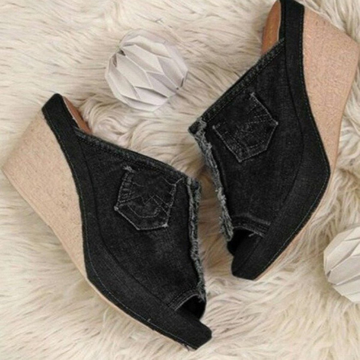 Women's Slippers Denim Fish Mouth Shoes Platform High-heeled