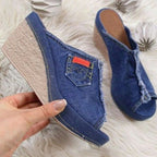 Women's Slippers Denim Fish Mouth Shoes Platform High-heeled