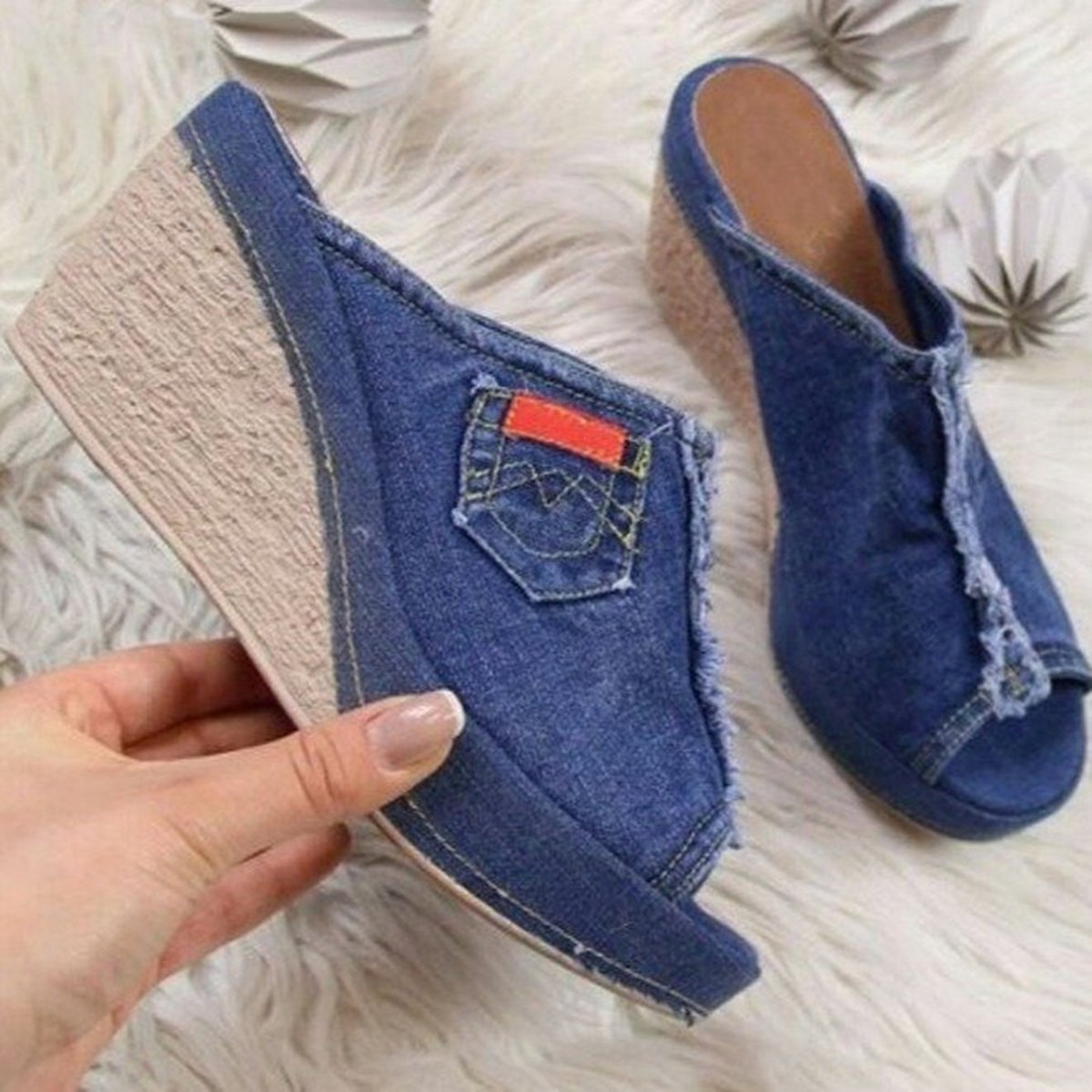 Women's Slippers Denim Fish Mouth Shoes Platform High-heeled