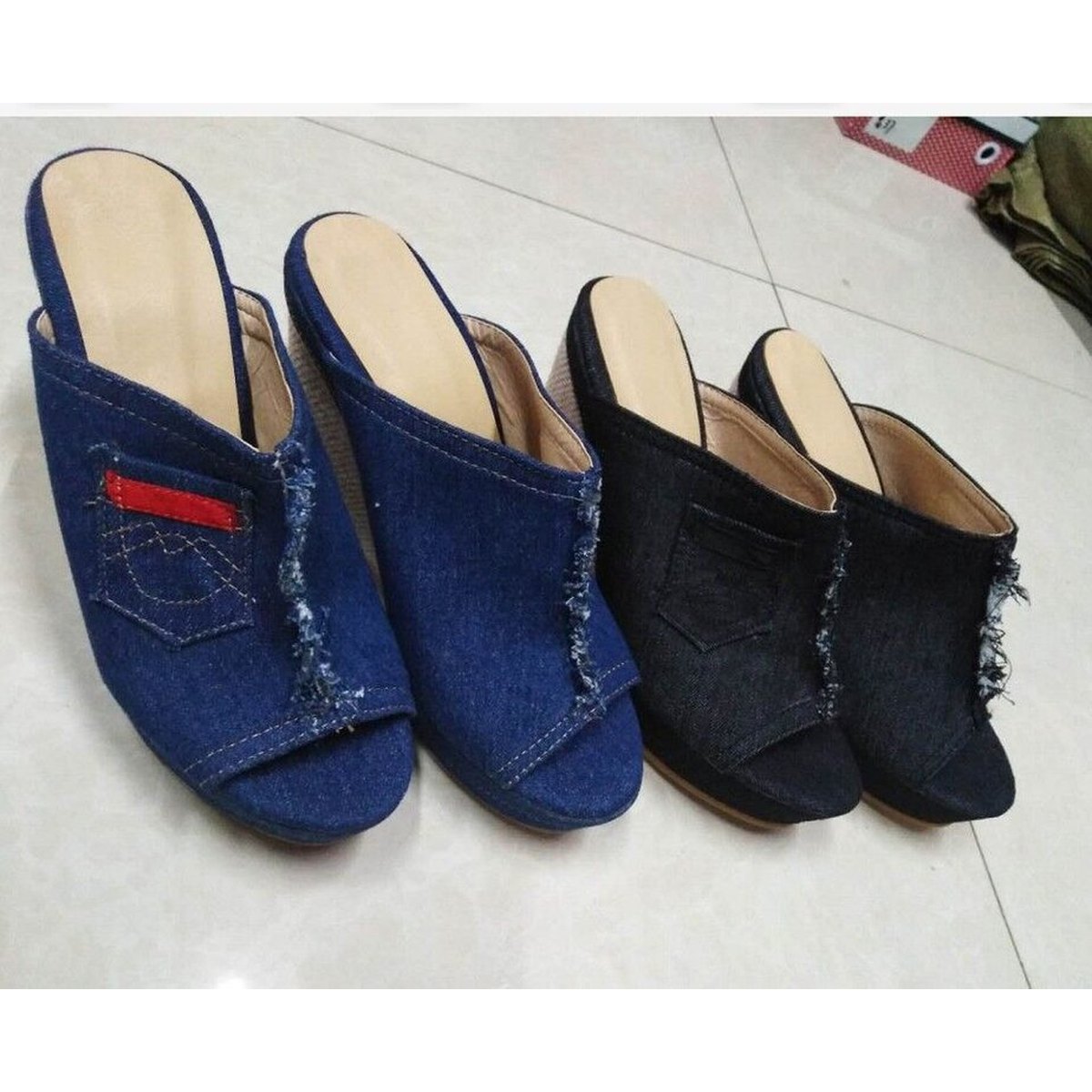 Women's Slippers Denim Fish Mouth Shoes Platform High-heeled