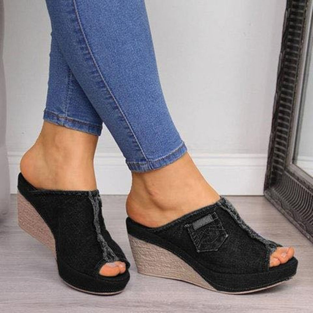Women's Slippers Denim Fish Mouth Shoes Platform High-heeled