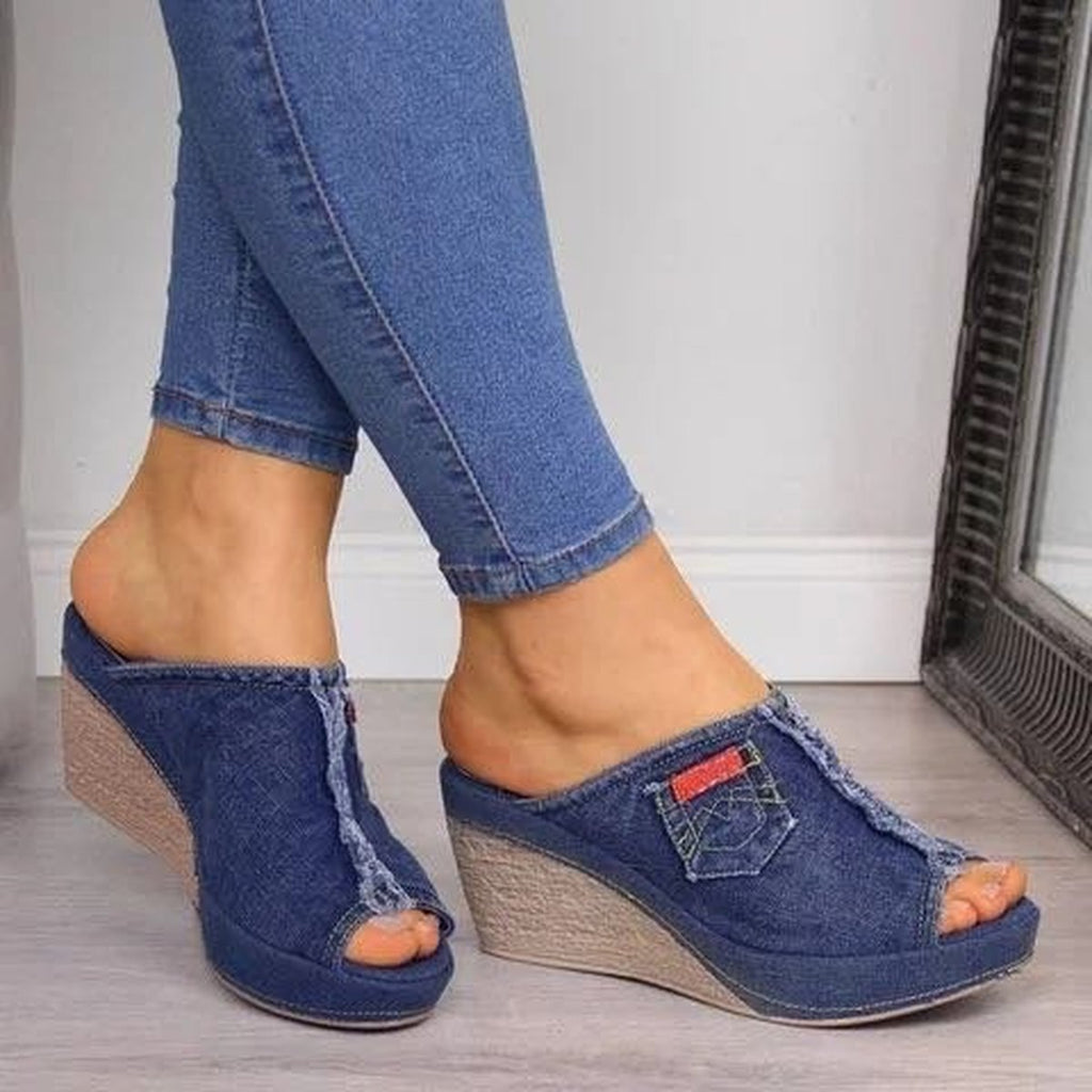 Women's Slippers Denim Fish Mouth Shoes Platform High-heeled