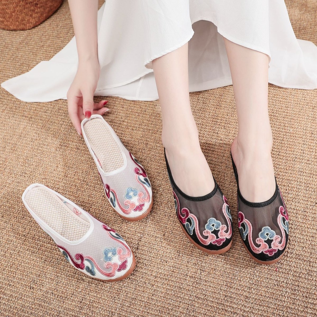 Women's Slippers Mesh Embroidered Cotton Shoes Casual Outdoor