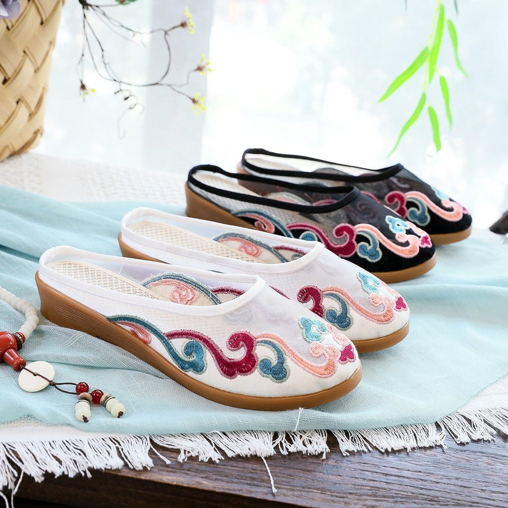 Women's Slippers Mesh Embroidered Cotton Shoes Casual Outdoor