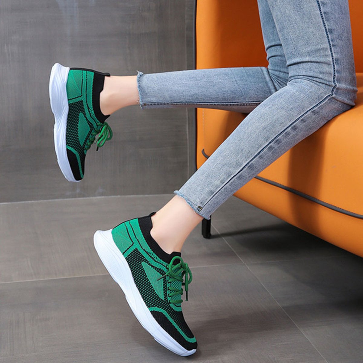 Women's Sneakers Lace-up Mesh Green Black Sports Shoes