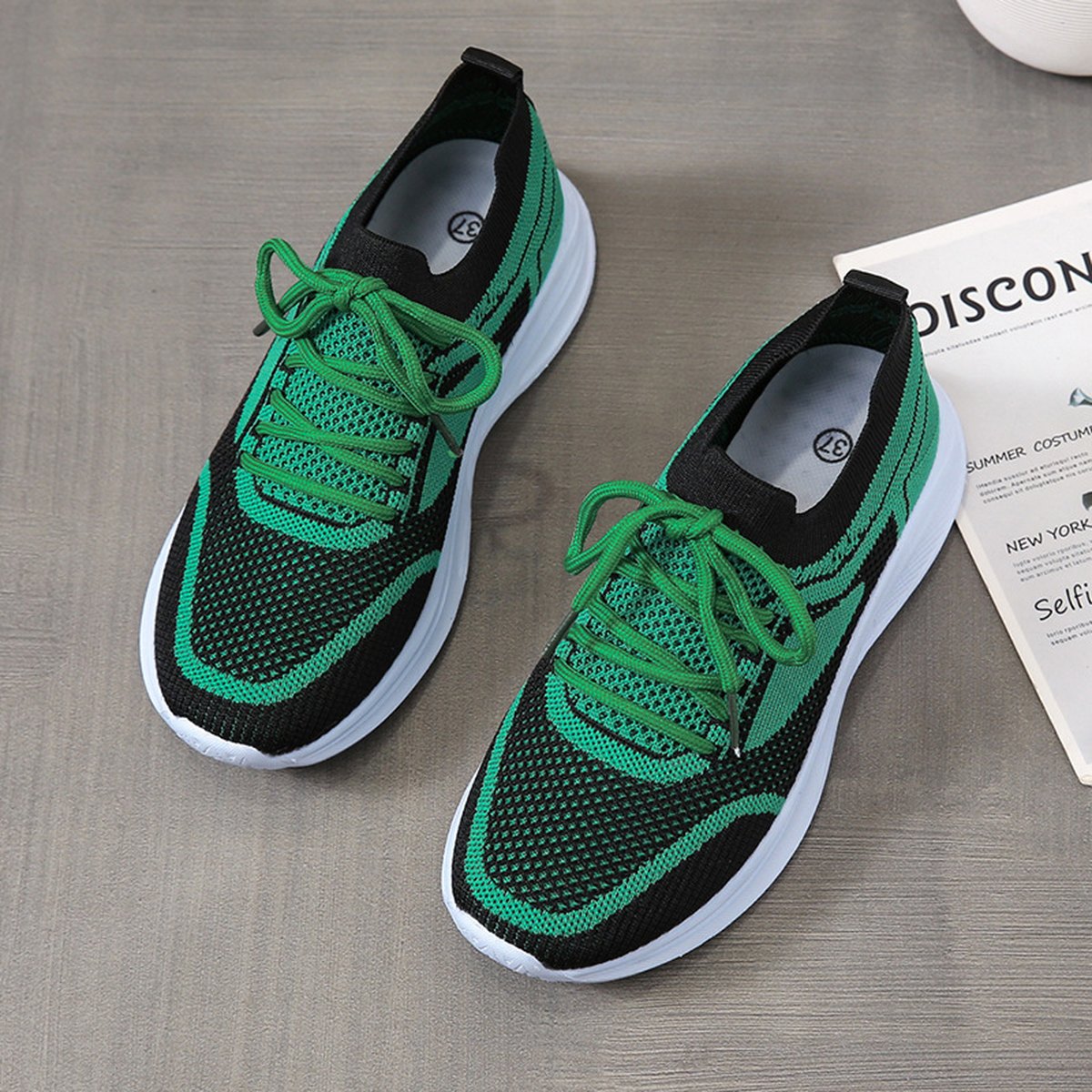 Women's Sneakers Lace-up Mesh Green Black Sports Shoes
