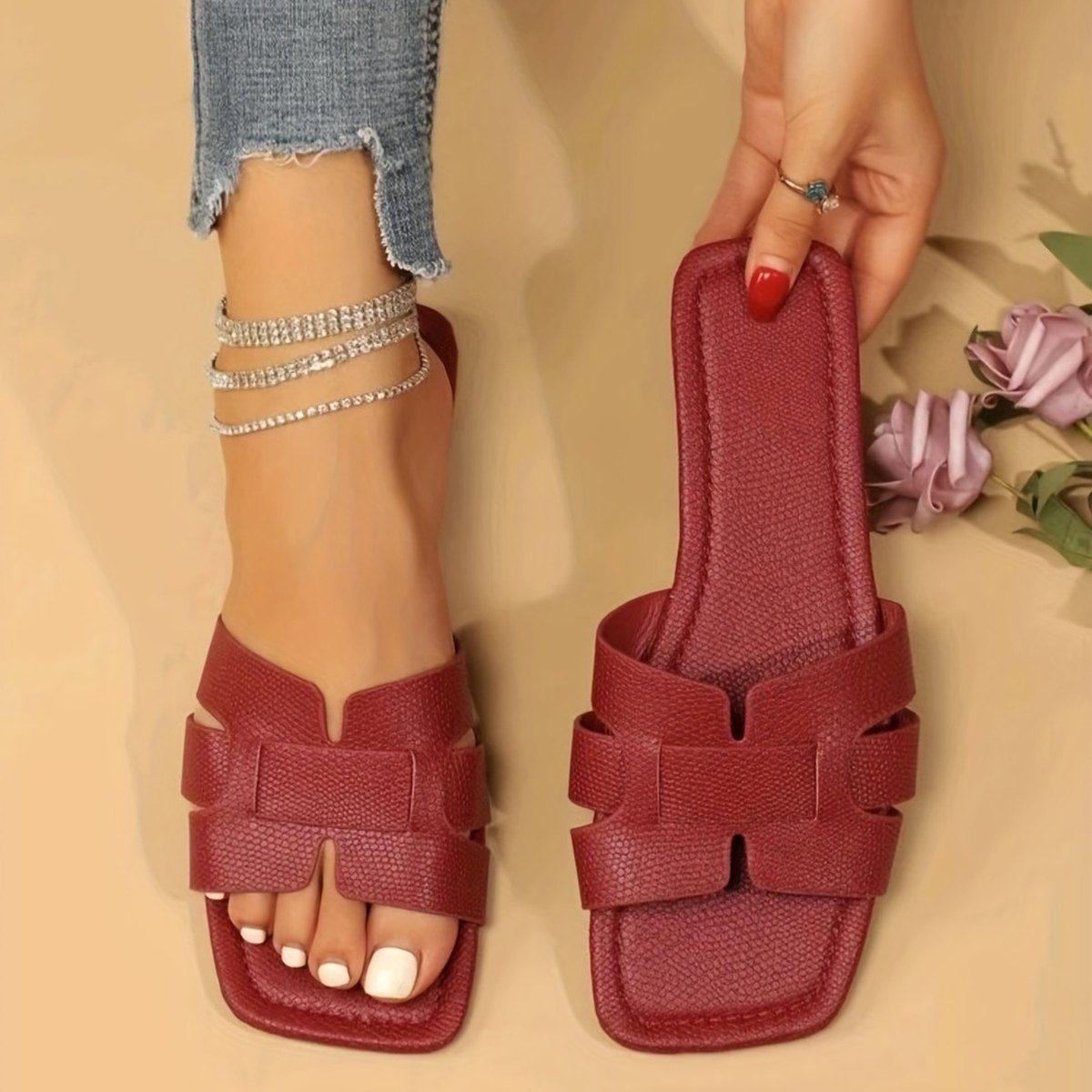 Women's Square Toe Flat Sandals Hollow Out Slides