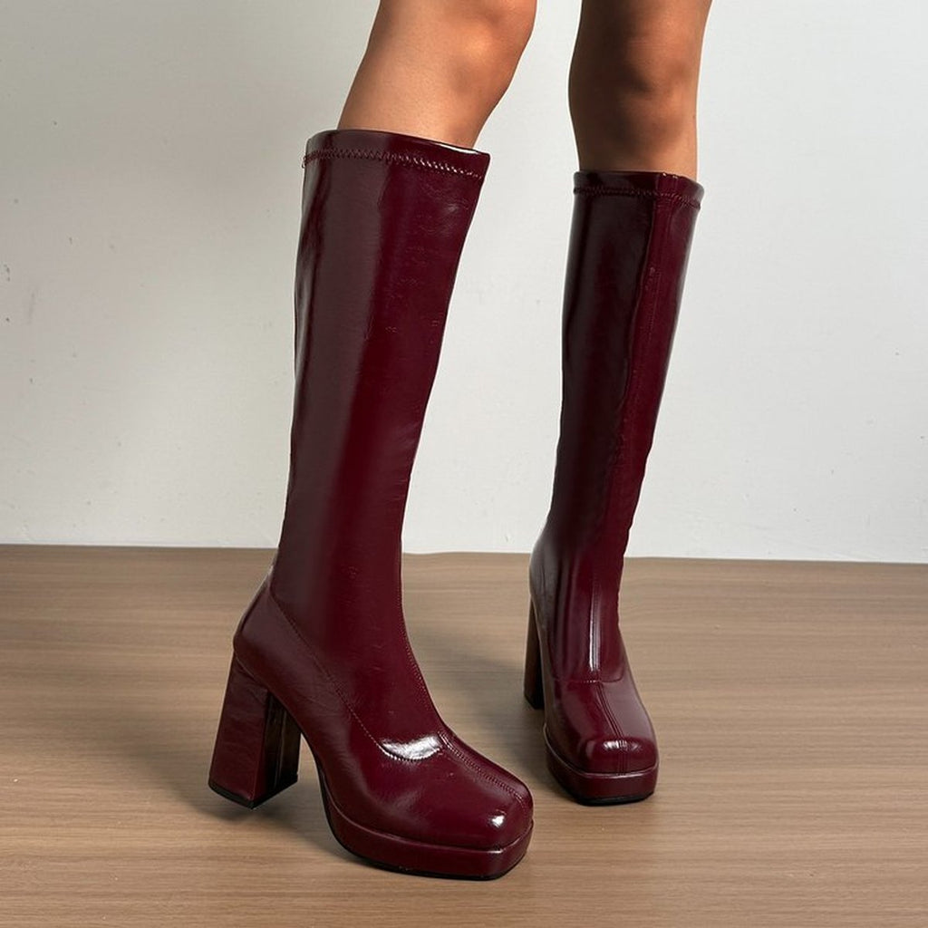Women's Square Toe Platform Block Heel Knee High