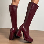 Women's Square Toe Platform Block Heel Knee High
