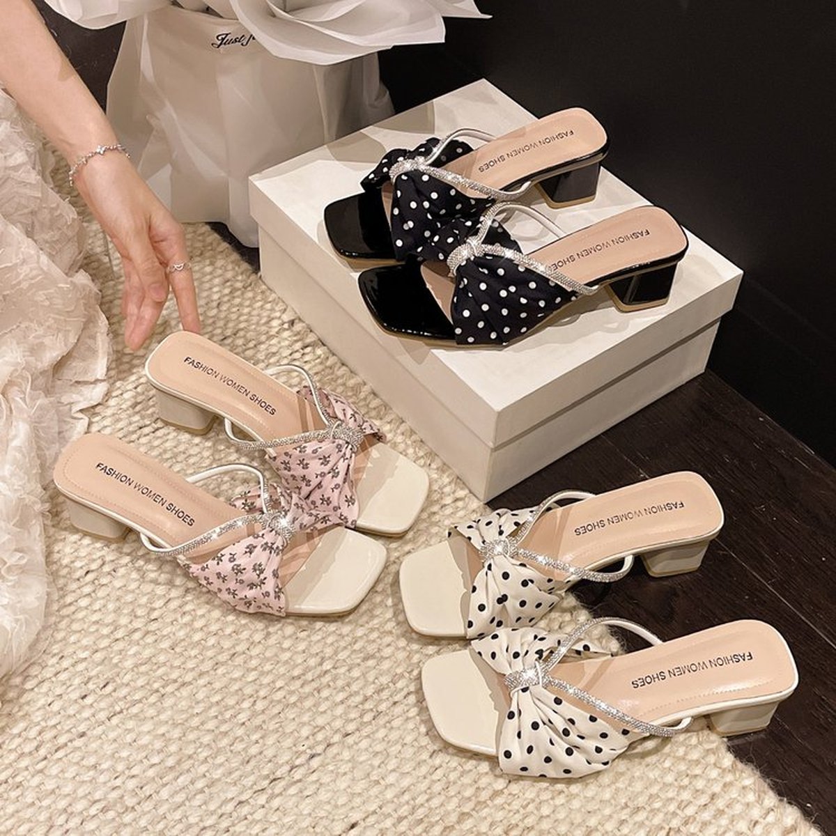 Women's Square Toe Polka Dot Rhinestone Bow One