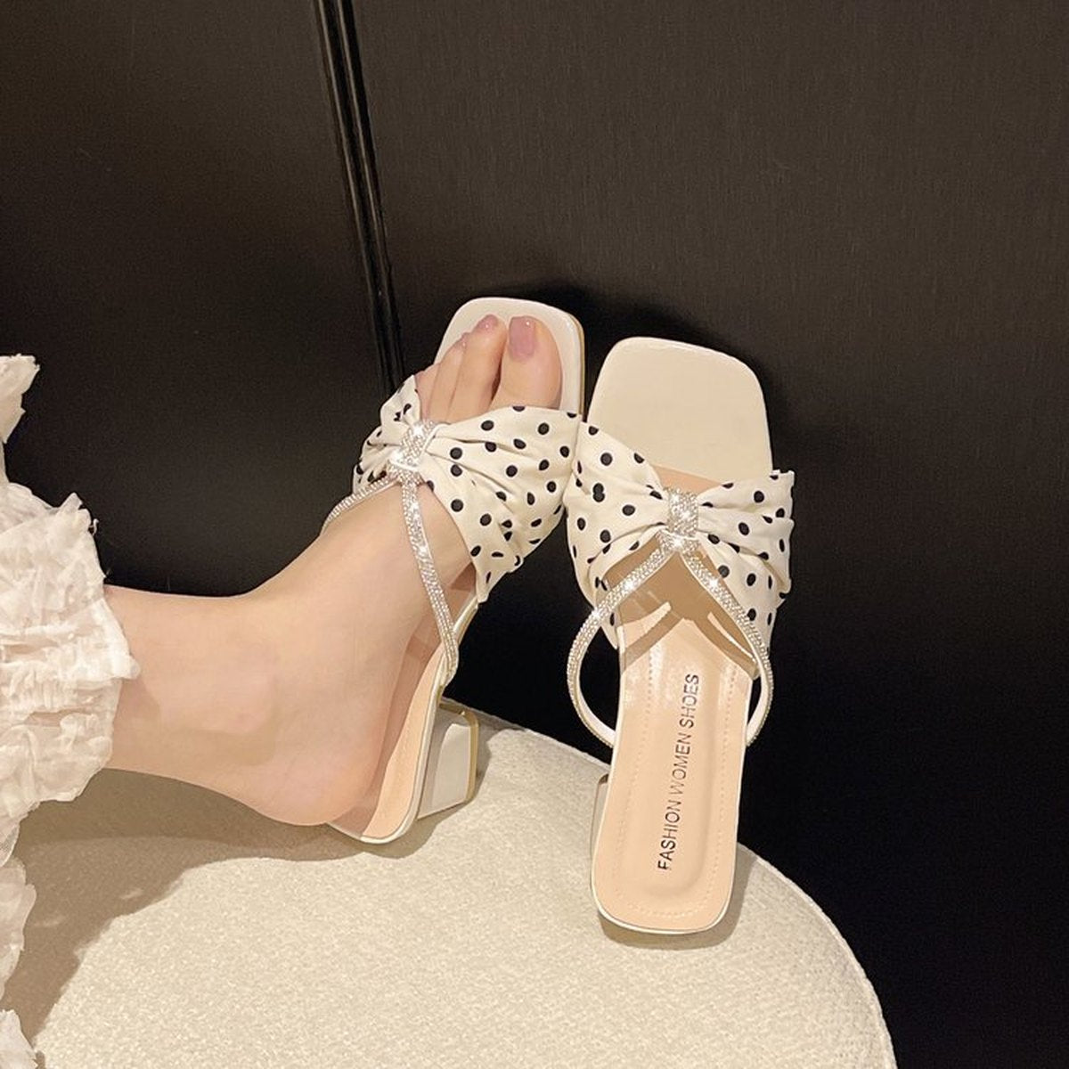 Women's Square Toe Polka Dot Rhinestone Bow One