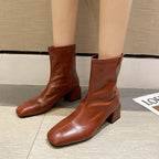 Women's Square Toe Thin Boots Elastic Mid-heel Martin