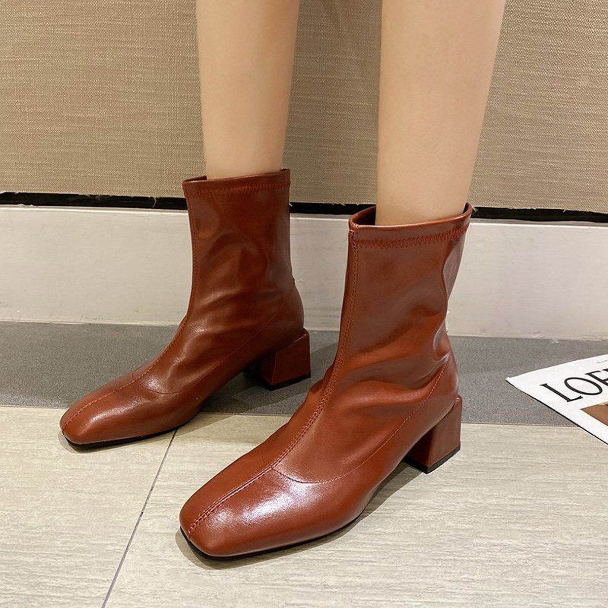 Women's Square Toe Thin Boots Elastic Mid-heel Martin