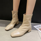 Women's Square Toe Thin Boots Elastic Mid-heel Martin