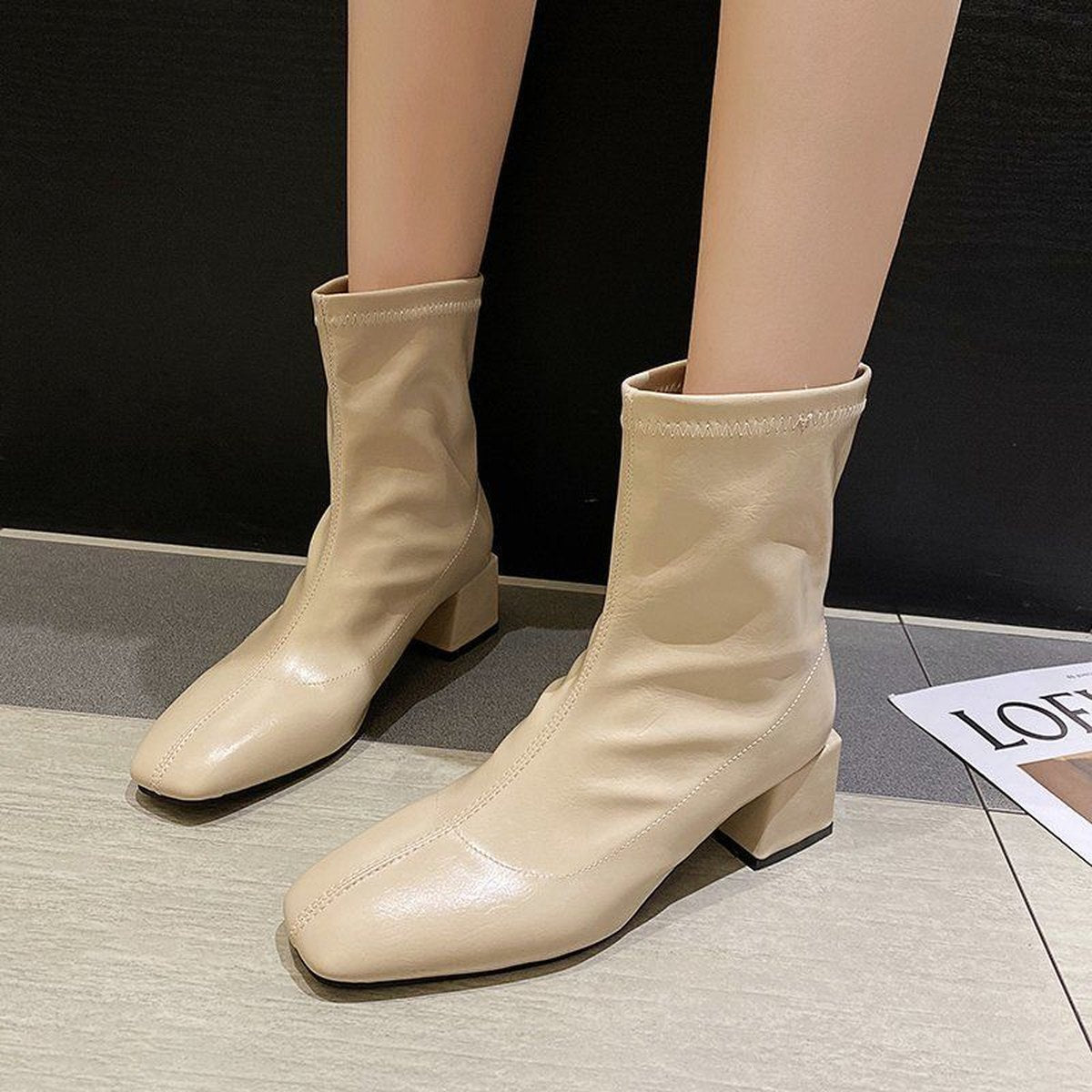 Women's Square Toe Thin Boots Elastic Mid-heel Martin