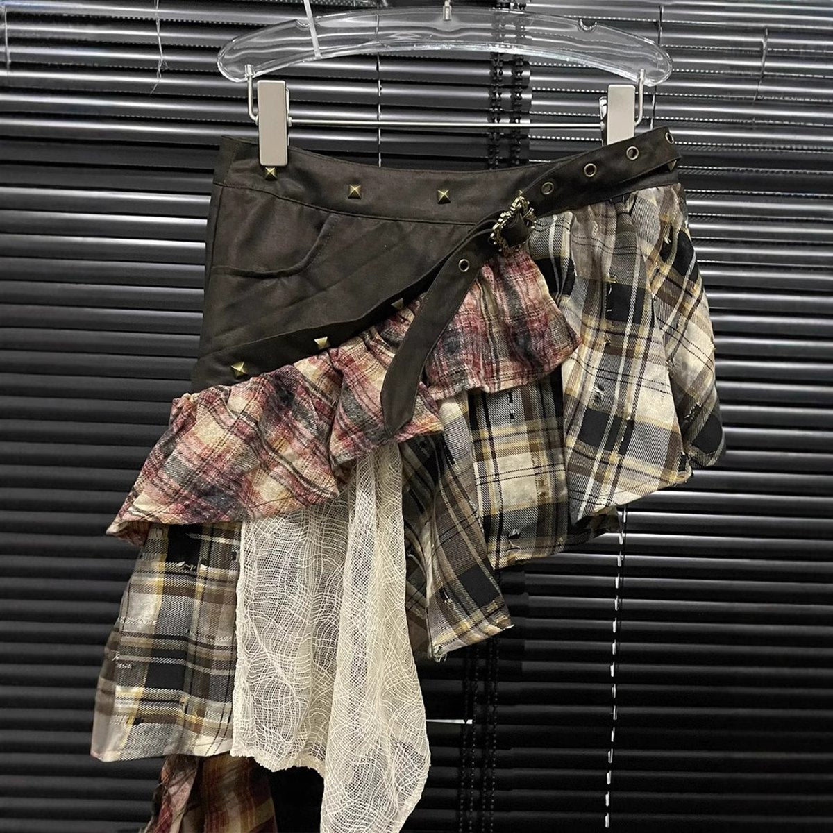 Women's Stitching Tassel Plaid Skirt Irregular