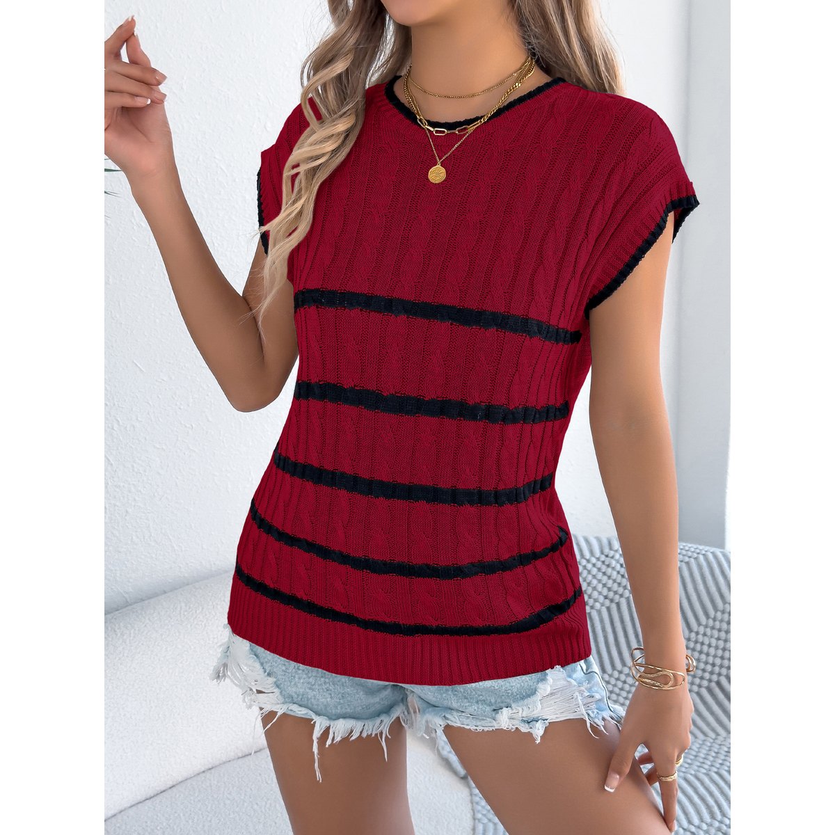 Women's Stripe Cable Knit Casual Loose Vacation Top