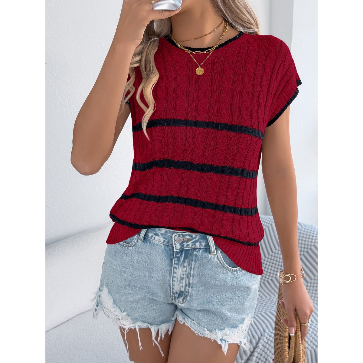 Women's Stripe Cable Knit Casual Loose Vacation Top