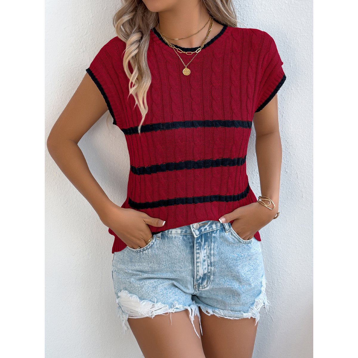 Women's Stripe Cable Knit Casual Loose Vacation Top