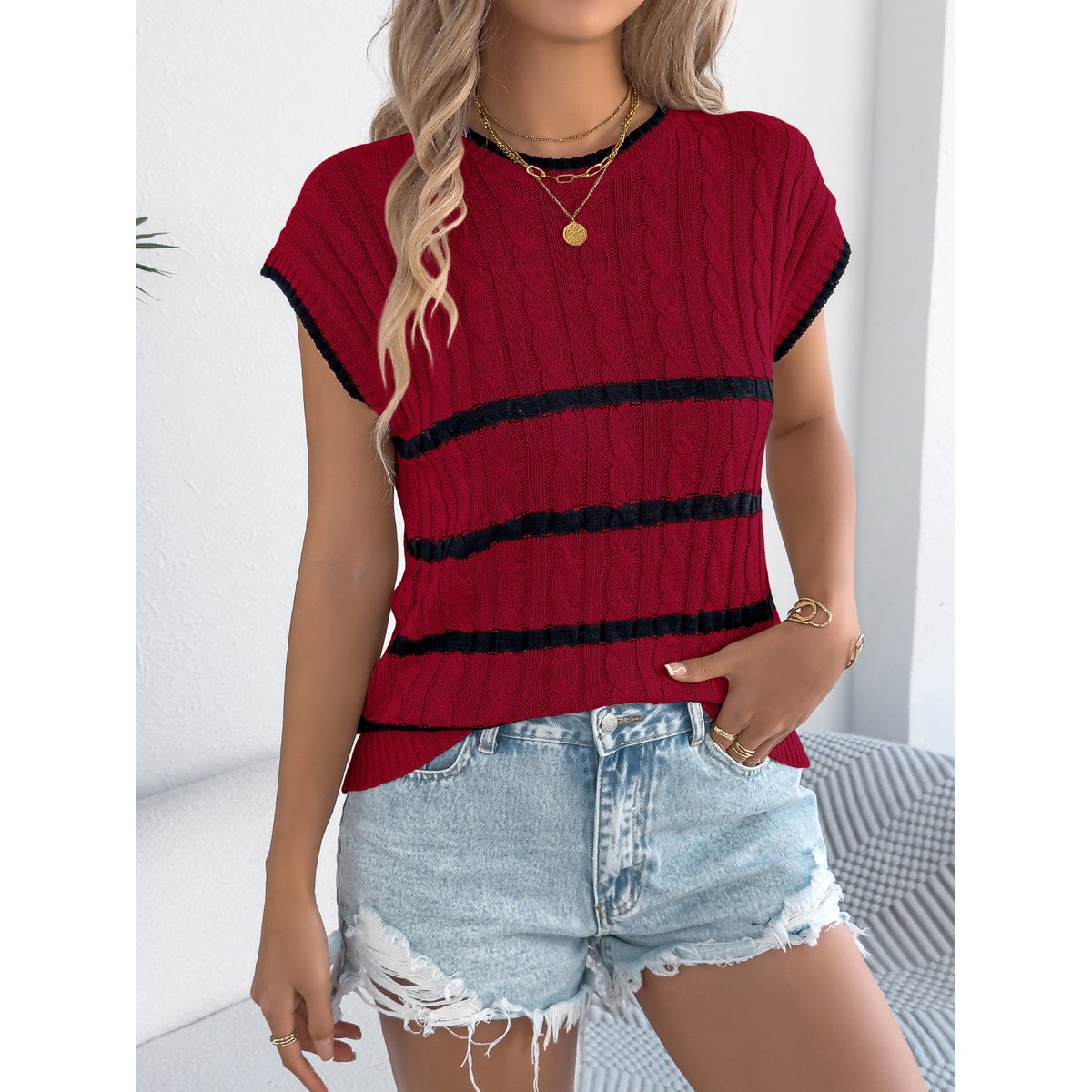 Women's Stripe Cable Knit Casual Loose Vacation Top