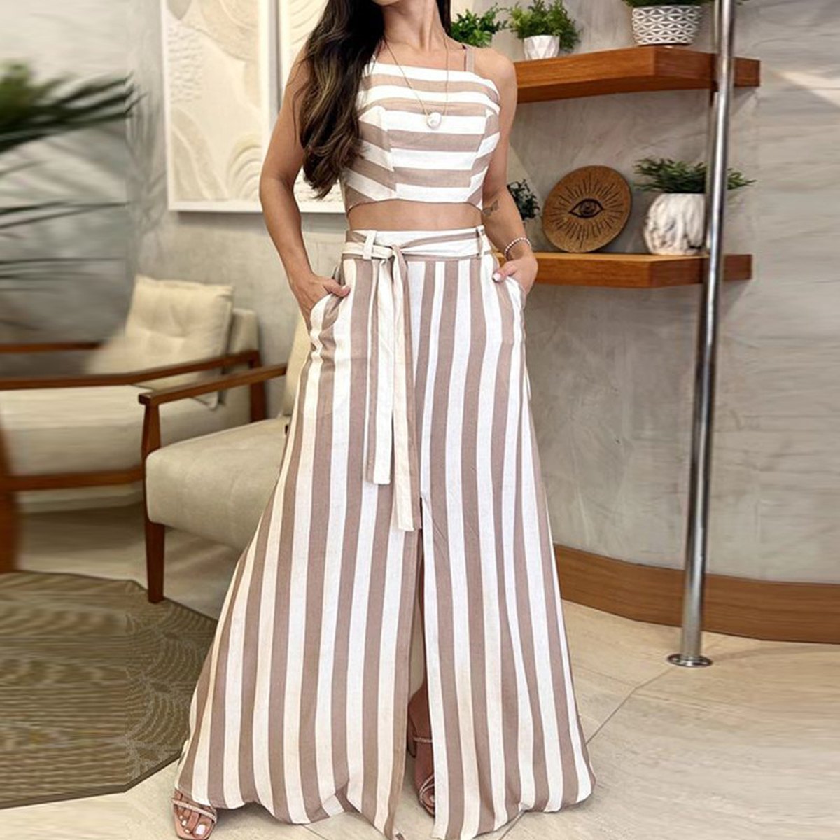 Women's Striped Print Younger Skirt Suit