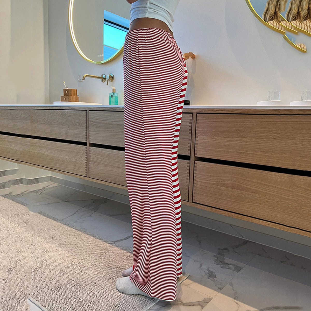 Women's Striped Rags Stitching Wide-leg Pants
