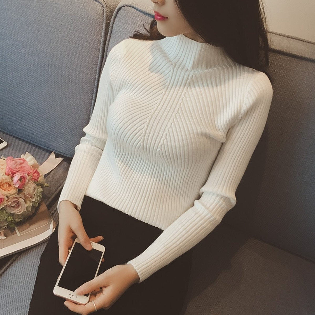 Women's Threaded Half-neck Sweater