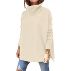 Women's Turtleneck Sweater Mid Length Batwing Sleeve Slit