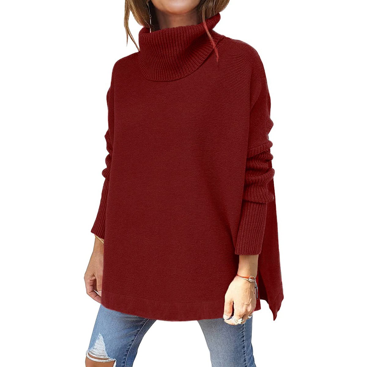 Women's Turtleneck Sweater Mid Length Batwing Sleeve Slit