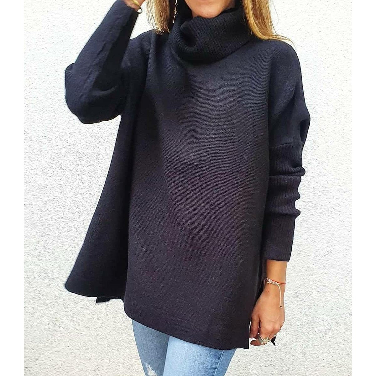 Women's Turtleneck Sweater Mid Length Batwing Sleeve Slit