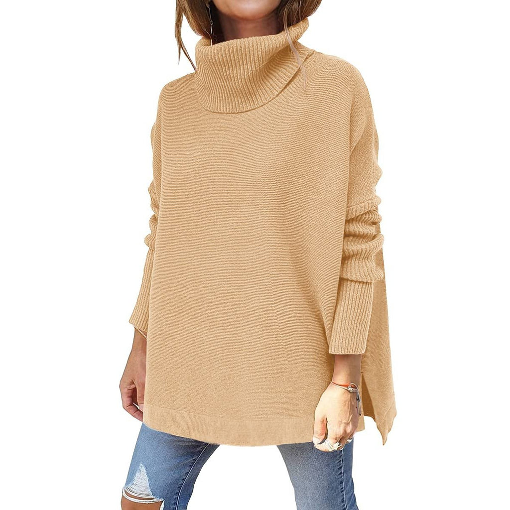 Women's Turtleneck Sweater Mid Length Batwing Sleeve Slit