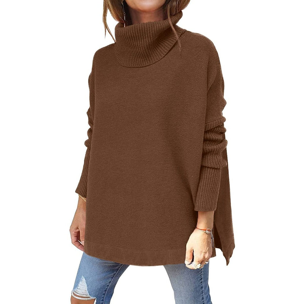 Women's Turtleneck Sweater Mid Length Batwing Sleeve Slit