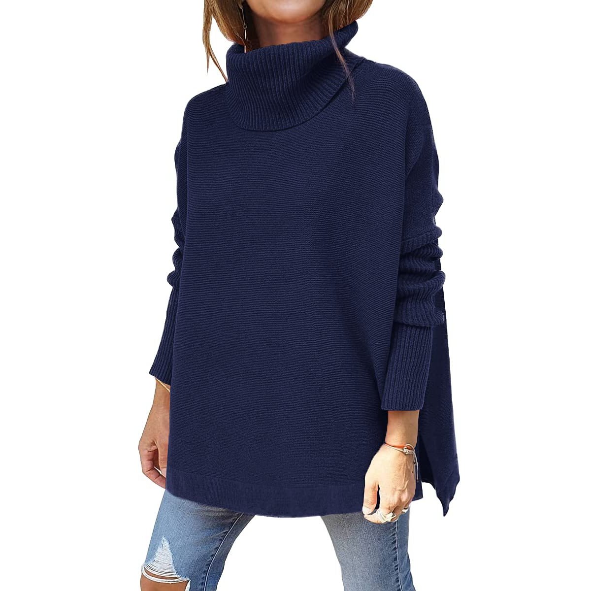 Women's Turtleneck Sweater Mid Length Batwing Sleeve Slit