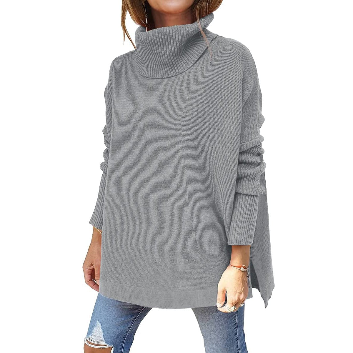 Women's Turtleneck Sweater Mid Length Batwing Sleeve Slit
