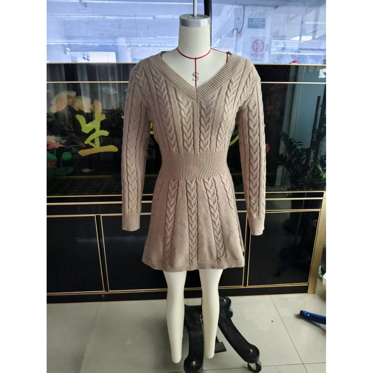 Women's V-neck Braided Knit Dress