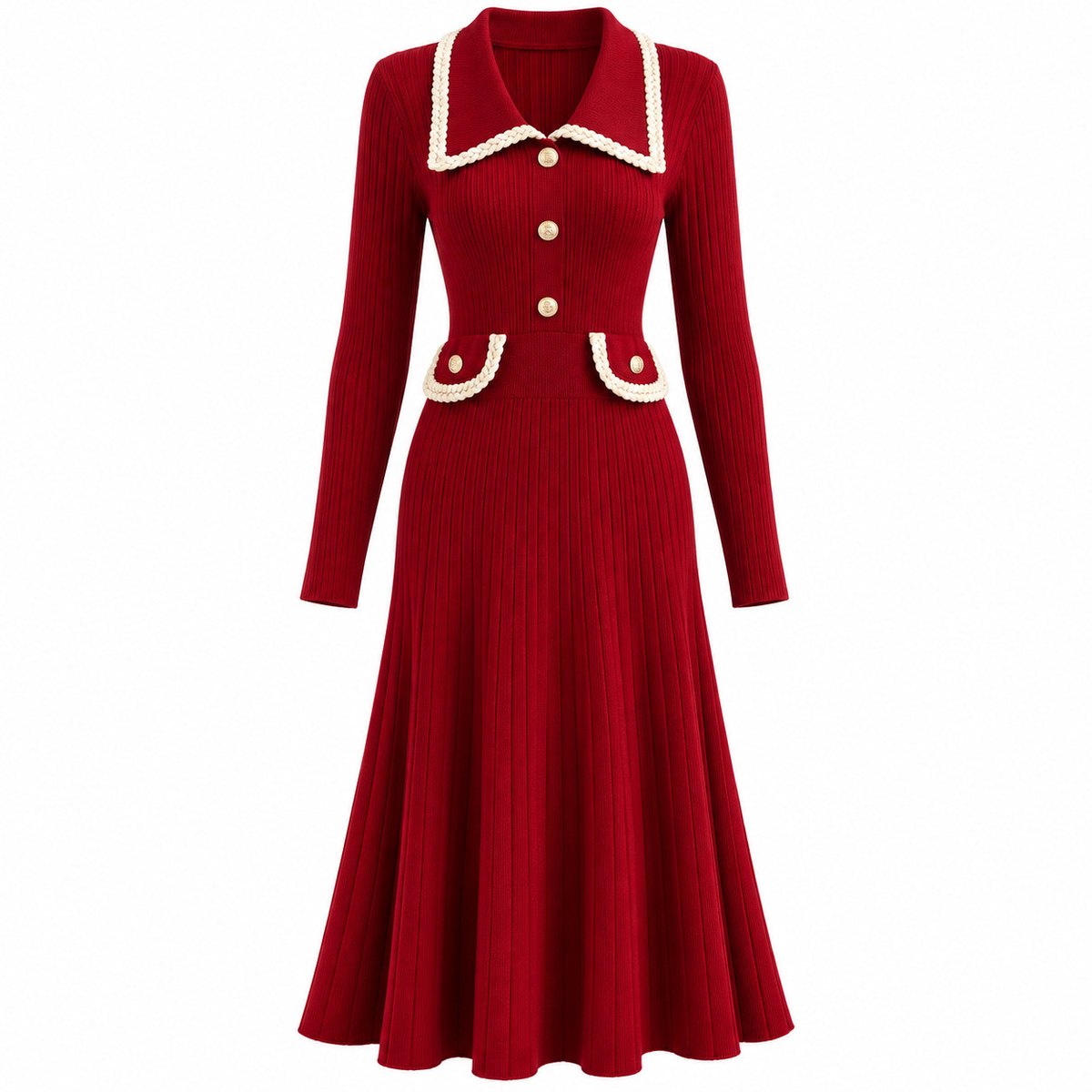 Women's Vertical-ribbed Waist-cinching Knit Dress