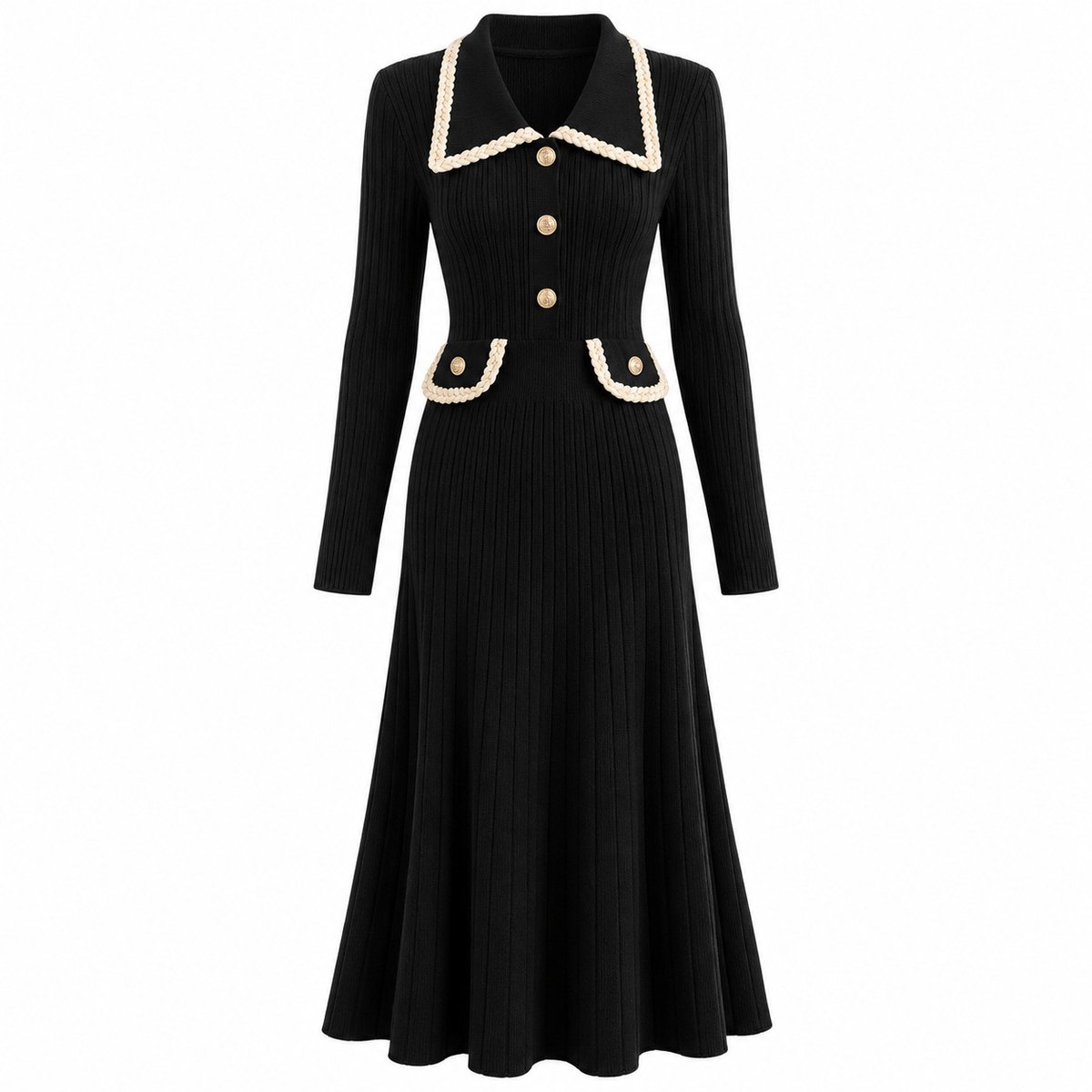 Women's Vertical-ribbed Waist-cinching Knit Dress