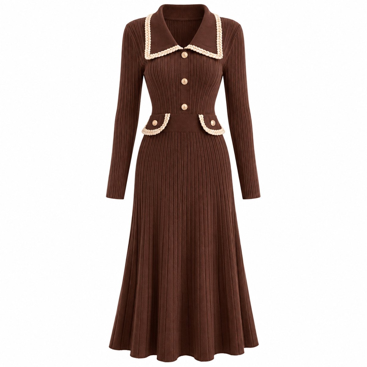 Women's Vertical-ribbed Waist-cinching Knit Dress