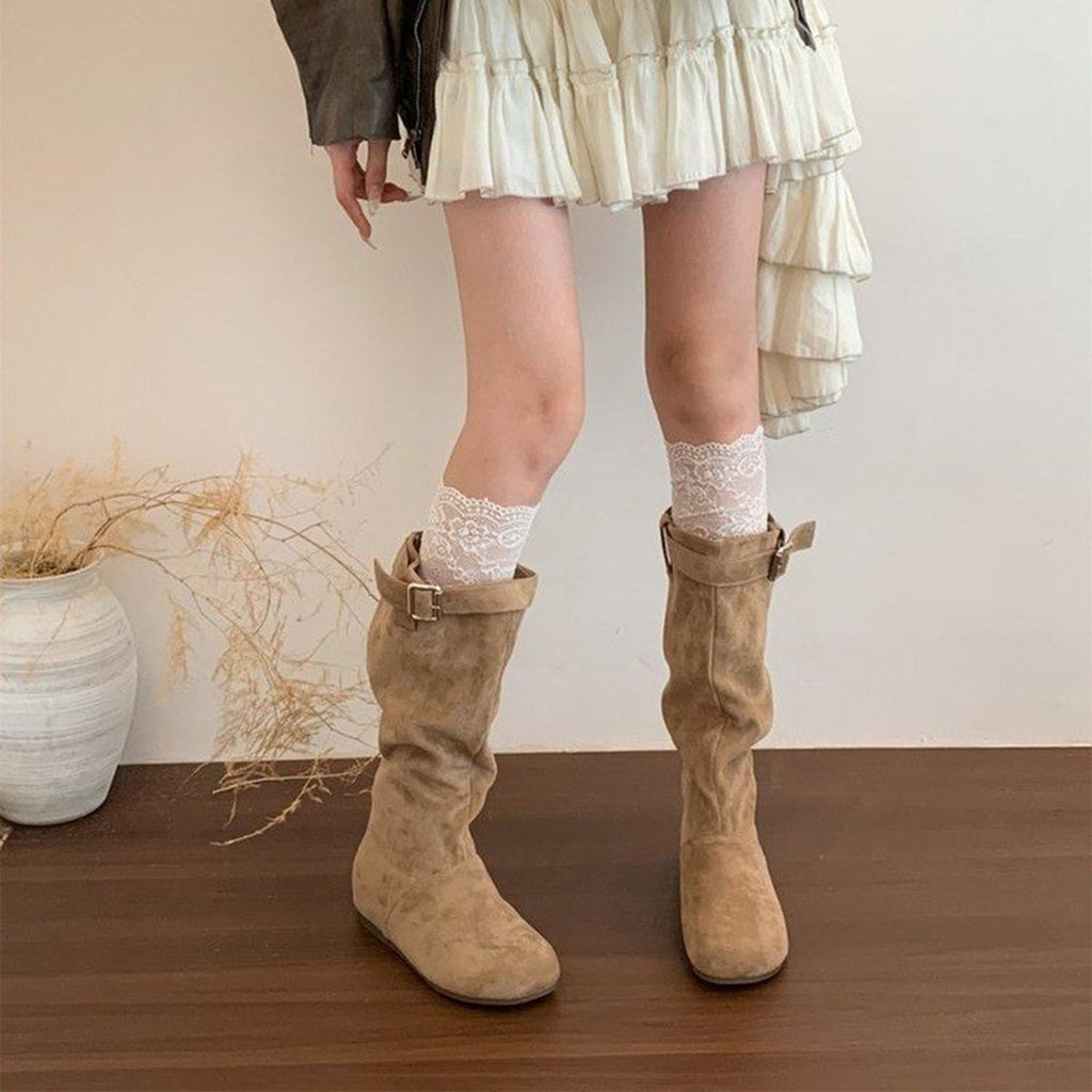 Women's Vintage Suede Slouchy Tall Boots Oblique Buckle