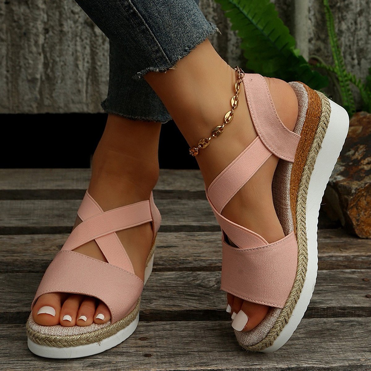 Women's Wedge Sandals Cross-strap Platform Gladiator Hemp Heel