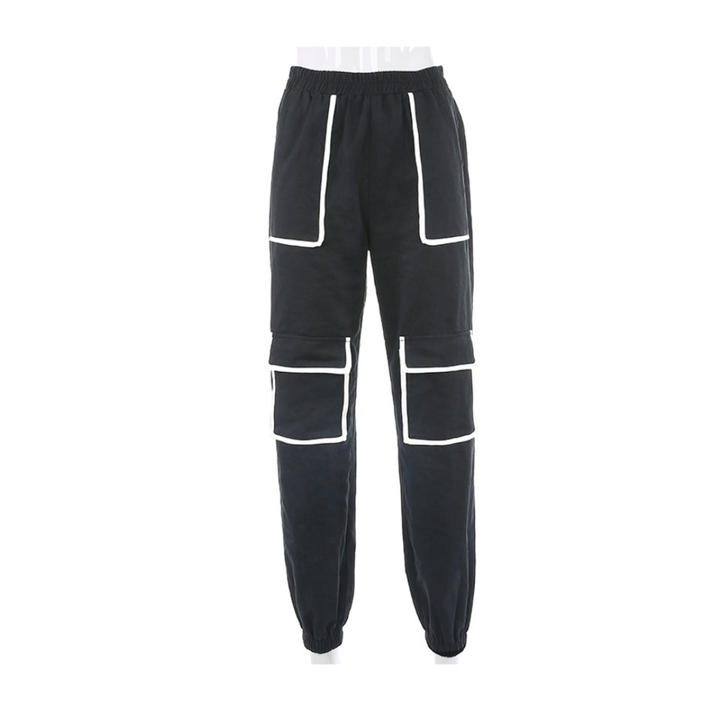 Women's White Stripe Cargo Pants Trousers Pockets Patchwork
