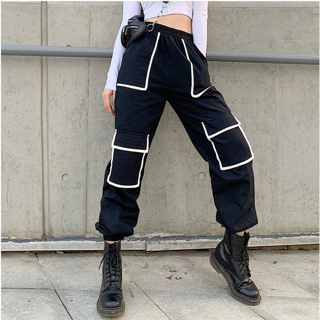 Women's White Stripe Cargo Pants Trousers Pockets Patchwork