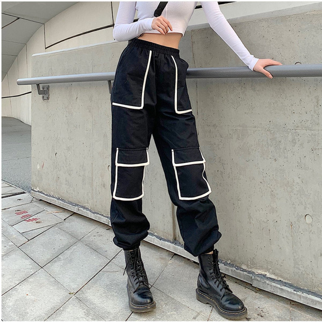 Women's White Stripe Cargo Pants Trousers Pockets Patchwork