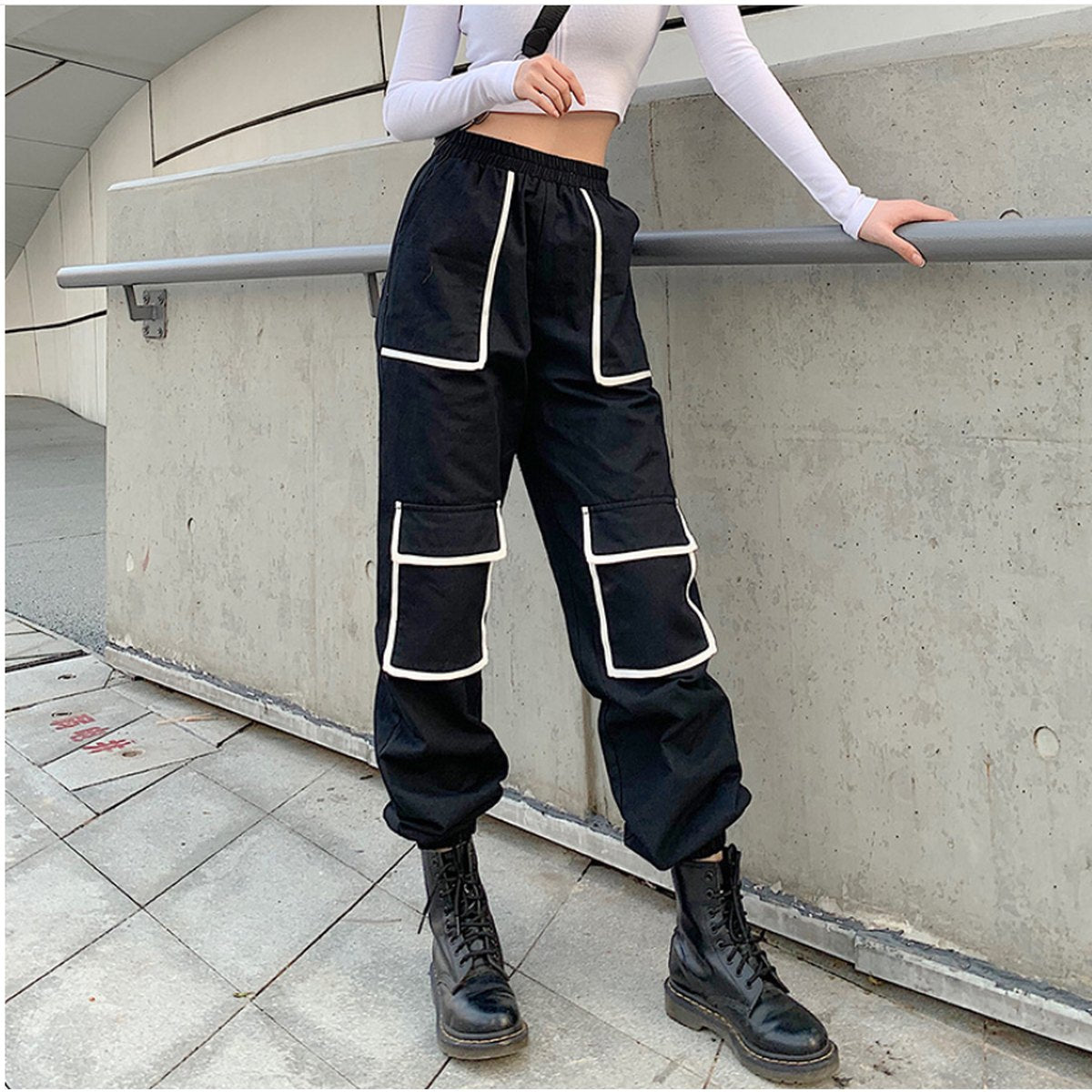Women's White Stripe Cargo Pants Trousers Pockets Patchwork