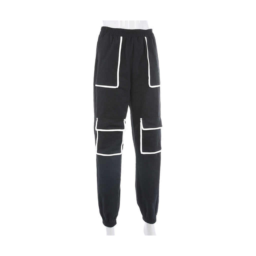 Women's White Stripe Cargo Pants Trousers Pockets Patchwork