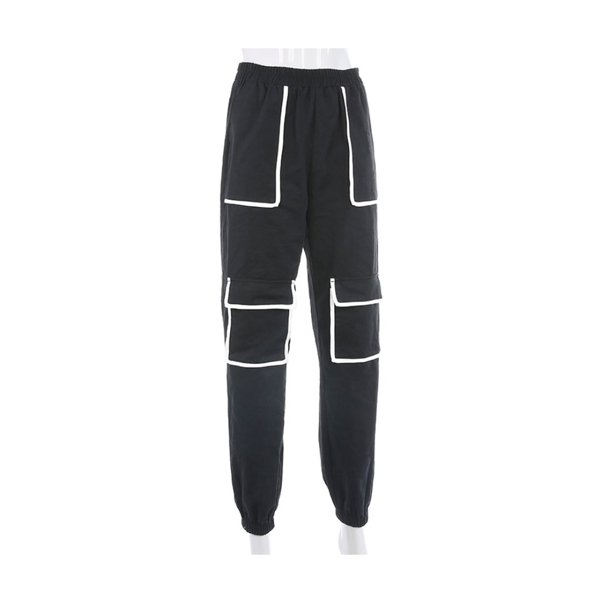 Women's White Stripe Cargo Pants Trousers Pockets Patchwork