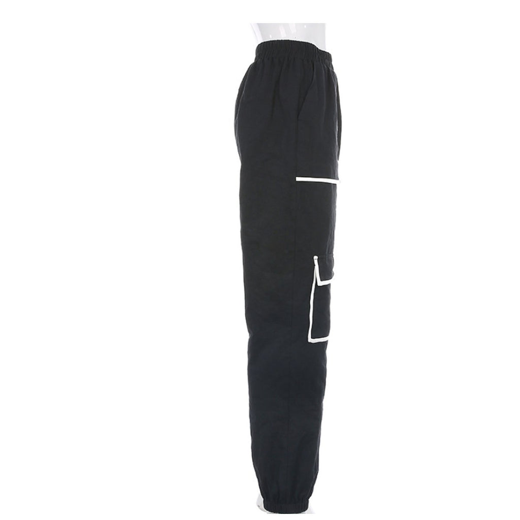 Women's White Stripe Cargo Pants Trousers Pockets Patchwork