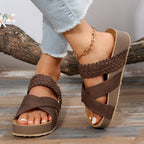 Women's Woven Cross-strap Slippers Platform Sandals Flat Beach