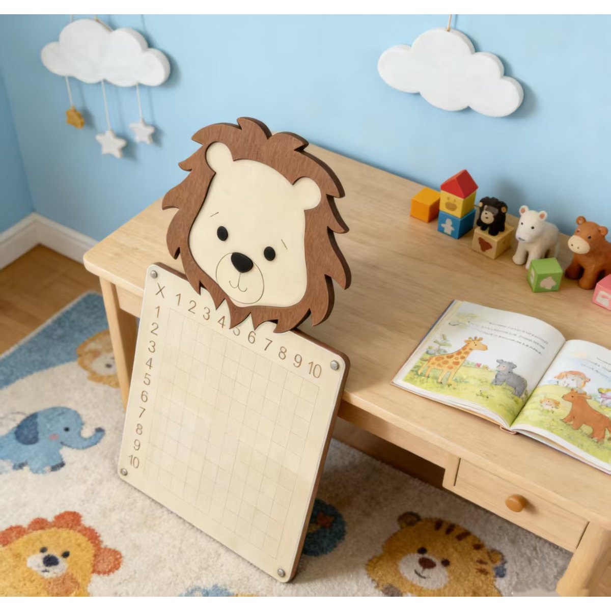 Wooden Multiplication Chart Board 3D Fox Lion